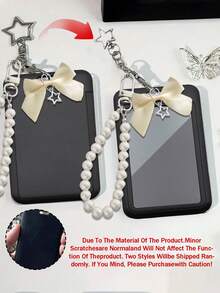 INS Style Pearl Bow Black Acrylic Hard Card Holder, Fashion Faux Pearl Black Mesh Bow Keychain With Black Clip, Fashion Phone Case Pearl Pendant, Minimalist Bow Design, Sliding Double Card Slot, Pearl Bow Keychain, Small Card Holder, Bus Card Holder, Seamless, Bank Card Holder, Metro Card Storage, Portable Hanging, Adjustable ID Card Holder Pendant Keychain, Suitable For Office Workers And Students, Perfect Gift, Mother's Day, Easter, Independence Day, Back To School, Wedding - Multicolor - View 9