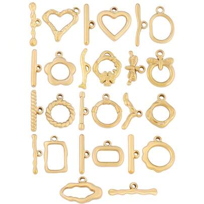 3 Sets 18K Gold Plated Stainless Steel Toggle Clasp Hooks Parts Fasteners Buckle Bracelet Necklace Accessories Dragonfly Flower Heart OT Clasps Connectors For DIY Jewelry Making Findings Crafts