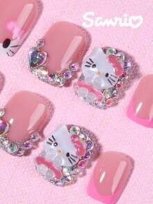 SANRIO 24片短方形3D凝胶美甲贴纸 - 可爱的3D设计，饰有水钻和花朵，完美贴合亚克力指甲，包含1瓶胶水和1个指甲锉，适合女性日常生活和派对场合 - 彩色 - 查看 3