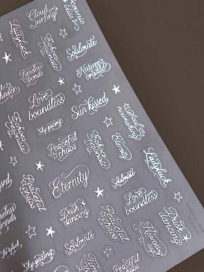 1pc Silver Calligraphy English Star Modern Minimalist Alphabet Letter Elegant Nail Art Stickers Self-Adhesive 5D Press On Manicure For Women Personalized Nail Decor For Daily Party