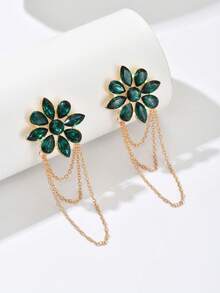1 Pair Elegant Green Crystal Flower & Tassel Line Earrings, Fashionable Luxury Versatile Earrings Suitable For Daily Wear, Celebrations And Gifting, Spring/Summer - Dark Green - View 4