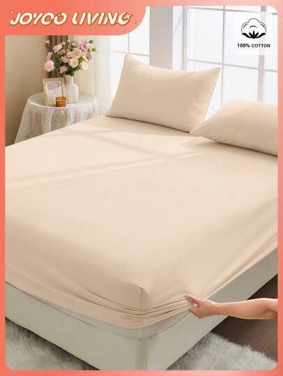 2/3pcs 100% Cotton Knitted Bedsheet Set, Solid Color Bedding, Comfortable Home Textile, Soft & Breathable Mattress Protector Cover, Skin-Friendly Bed Skirt Set, Suitable For All Seasons Home Decor, Beige
