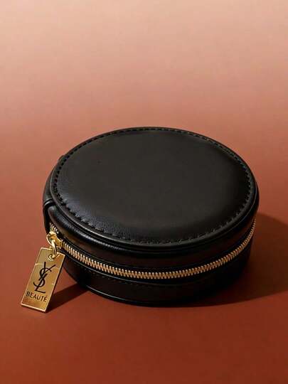 Yves Saint Laurent حقيبة تجميل دائرية سوداء، حقيبة تخزين سماعات الأذن محمولة للسفر للنساء، حقيبة إصلاح مكياج متعددة الوظائف مدمجة، حقيبة يد إكسسوارات، مناسبة كهدية عيد ميلاد للأصدقاء