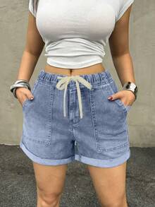 女士轻薄夏季牛仔短裤，休闲宽松抽绳松紧腰，卷边裤脚，舒适度假牛仔短裤 - 炒花藍 - 查看 4