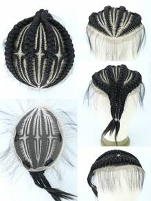 6英寸合成编织假发，独特蕾丝编织设计，平行方格编织，时尚商务发型，适合非洲男士，黑色 - 黑色 - 查看 3