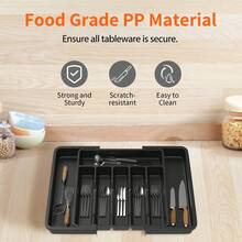 7Sevenjokers 33-57cm Extendable Cutlery Drawer Organiser 8 Compartments Adjustable Plastic Kitchen Utensil Storage Tray For Spoons Forks Miscellaneous Items Home Kitchen Organization - 黑色 - 查看 3