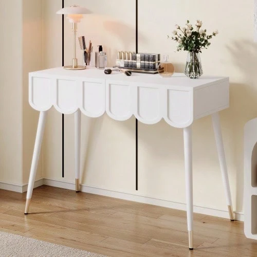 Schminktisch, Frisiertisch, Mit 2 Schubladen, Metallfüße, White, Mass: B100 * T40* H76 Cm - White - View 1