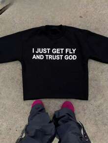 Plus Size Women T-Shirts,I Just Get Fly And Trust God,(1 Pcs )100% Cotton Casual Printed T-Shirt,Crew Neck Short Sleeve Hip Hop Letter Print Loose T-Shirts - 黑色 - 查看 1