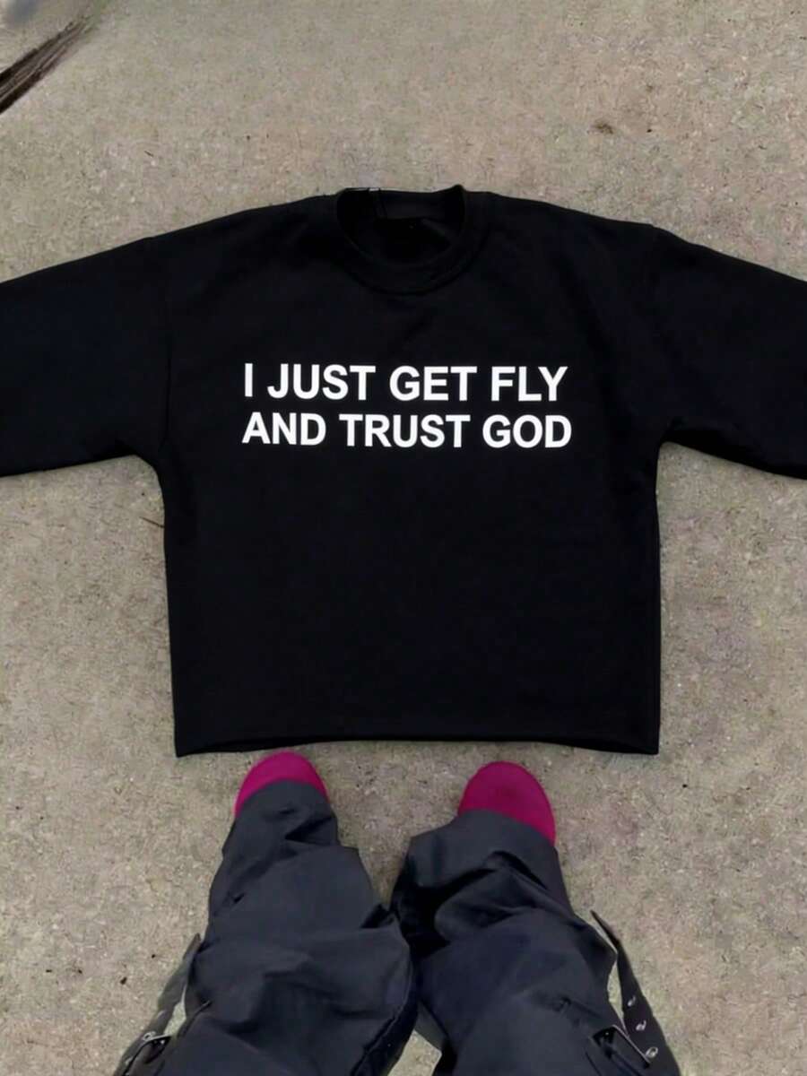 Plus Size Women T-Shirts,I Just Get Fly And Trust God,(1 Pcs )100% Cotton Casual Printed T-Shirt,Crew Neck Short Sleeve Hip Hop Letter Print Loose T-Shirts - 黑色 - 查看 1