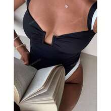 Women's One Piece Swimsuit Black With White Stripes, Detachable Swim Skirt; Deep V Neck Monokini Bathing Suit; Sexy 2 Piece Swimwearfor Beach, Pool - M - 多色544 - 查看 3