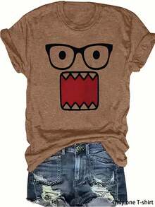 Women's Round Neck Short Sleeve Funny Glasses And Big Mouth Print All Season Casual Wear Fashion Sporty Style Daily Versatile Ladies Top Local Warehouse Shipping New Year Valentine's Day Gift - Màu nâu  Mocha - Xem 1