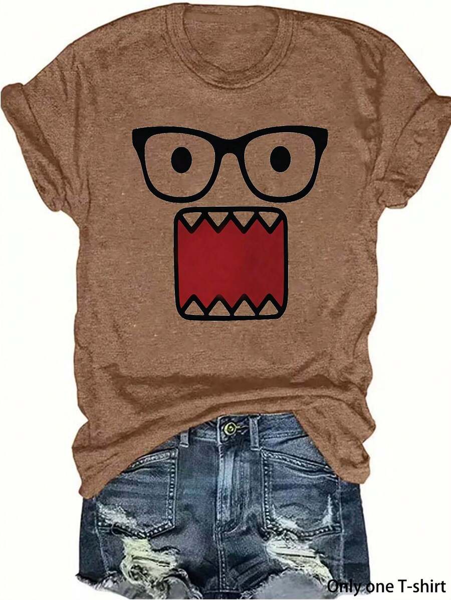Women's Round Neck Short Sleeve Funny Glasses And Big Mouth Print All Season Casual Wear Fashion Sporty Style Daily Versatile Ladies Top Local Warehouse Shipping New Year Valentine's Day Gift - Màu nâu Mocha - Xem 1