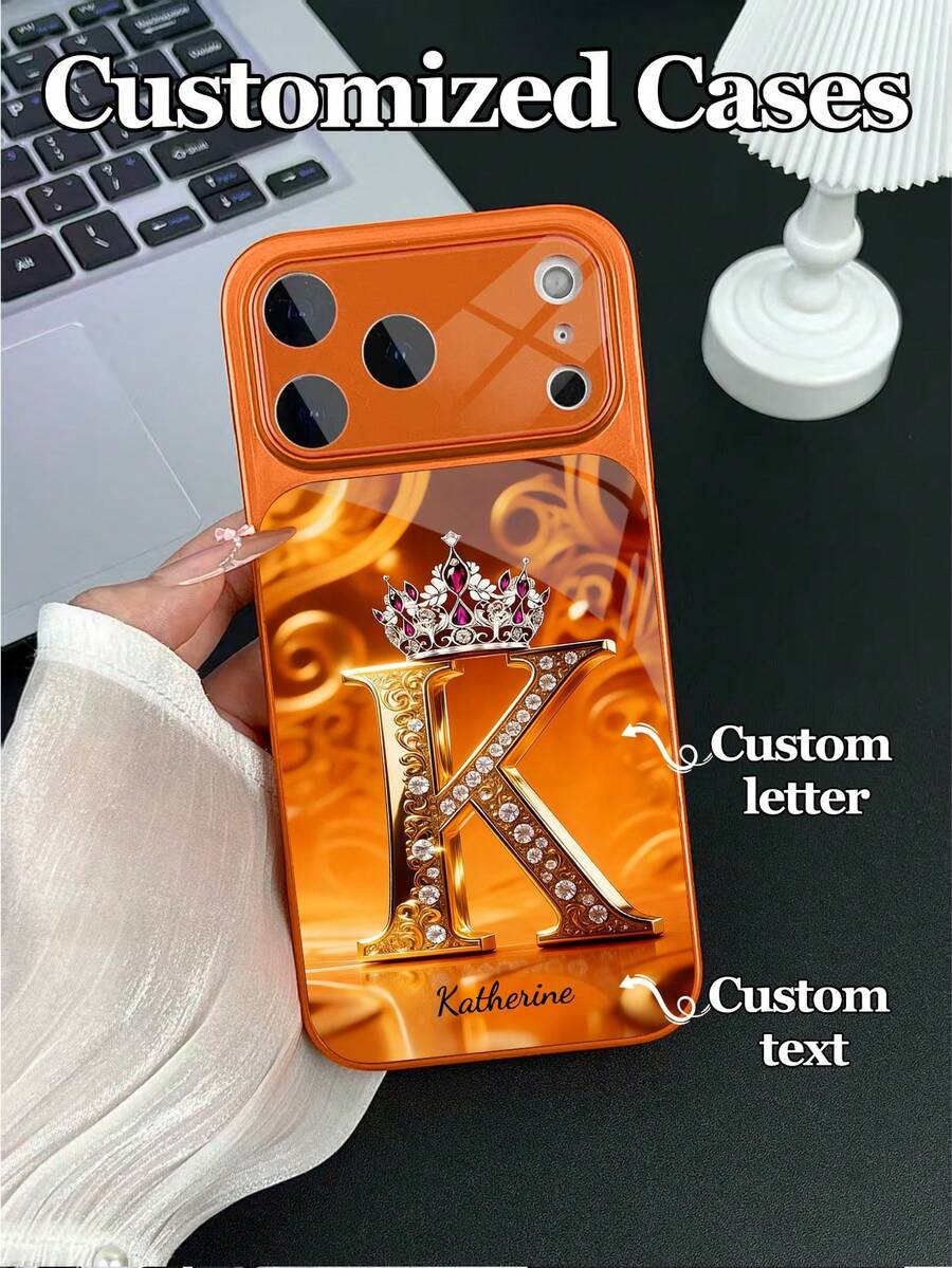1pc Customizable Text & Letter Design Crown Rhinestone Decor Tempered Glass Phone Case, Compatible With IPhone 17 ProMax/17 Air/15/16 Pro/14 Plus/13 Pro/12 Pro Max/11, UV Printing, Tempered Glass Camera & Back Protection, Large Window Phone Protective Cover, Best Gift For Friends And Family - Orange - View 1