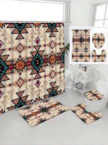 1/4 Piece Brown And Green Pattern Bohemian Thanksgiving Autumn Waterproof Polyester Fabric Shower Curtain, Walk-In Shower Curtain With 12 Hooks, Bathroom Non-Slip Mat, Toilet Seat Cover And U-Shaped Pad - A - View 4