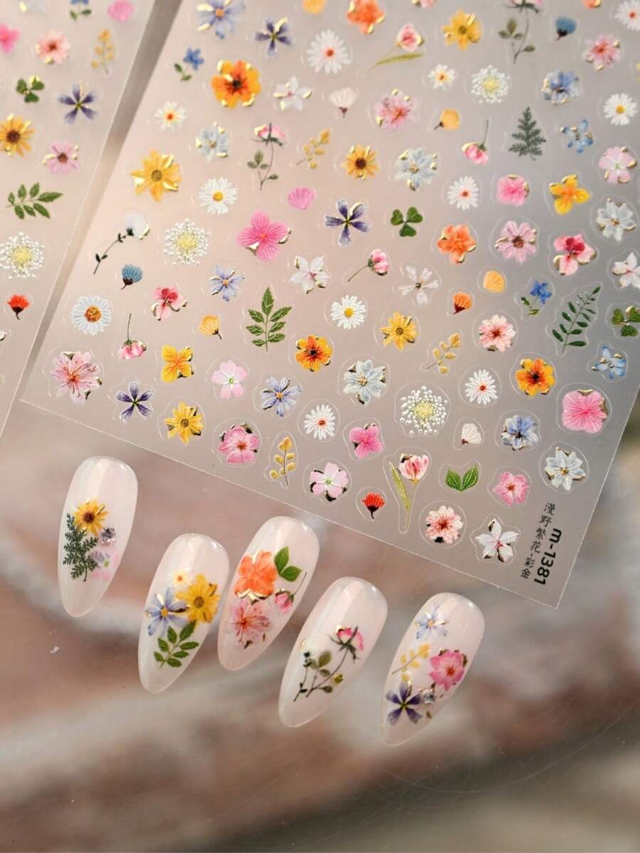 1 pieza Calcomanías de flores silvestres coloridas, que incluyen margarita, rosa, flor de cerezo, girasol, lirio, pegatinas de arte de uñas 5D en relieve, adecuadas para bodas, fiestas y ocasiones especiales - Multicolor - Ver 1