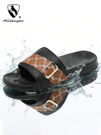 Milikuyou Men's Fashion Thick-Sole Slippers, Letter Graphic Decorated Adjustable Strap Sandals, Non-Slip Comfortable Indoor/Outdoor Daily Wear, Size 36-45