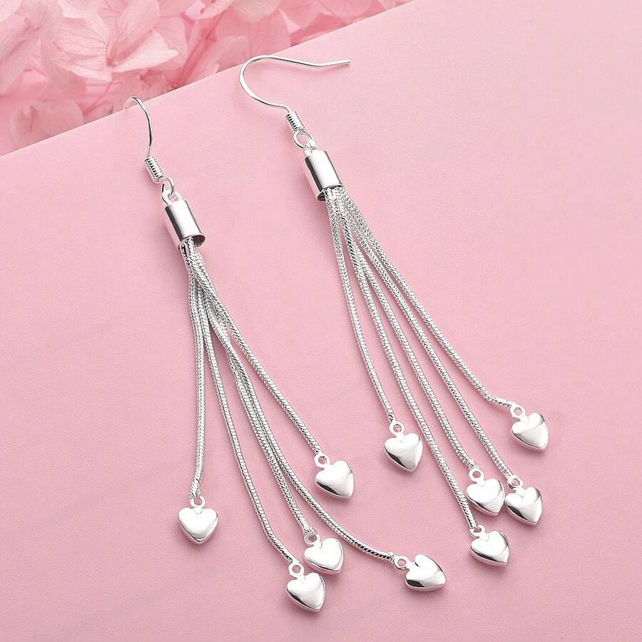 1 Pair Exquisite 925 Sterling Silver Plated Tassel Heart-Shaped Earrings - Stylish And Charming Gift For Women, Party Jewelry - Silver - View 1