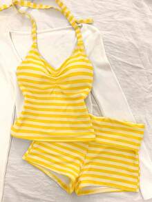 Women's Two-Piece Swimwear, Elegant Sexy Striped Print Short Swim Top With Shorts Yellow - Yellow - View 9