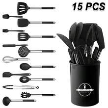 Silicone Cooking Utensil Set, 15pcs Silicone Cooking Kitchen Utensils Set, Non-Stick - Best Kitchen Cookware With Stainless Steel Handle - Black/Grey - Black - View 2