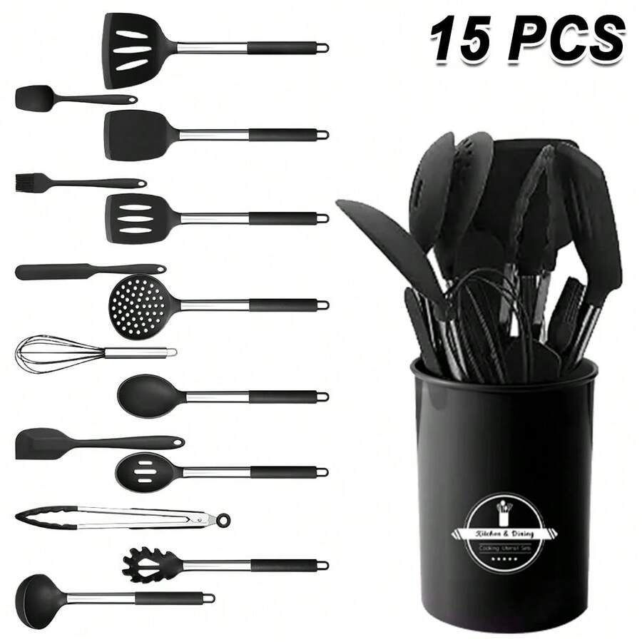Silicone Cooking Utensil Set, 15pcs Silicone Cooking Kitchen Utensils Set, Non-Stick - Best Kitchen Cookware With Stainless Steel Handle - Black/Grey