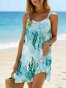 Vestido corto de verano elegante para uso diario y vacaciones, con estampado de algas y conchas para mujer - Multicolor - Ver 3