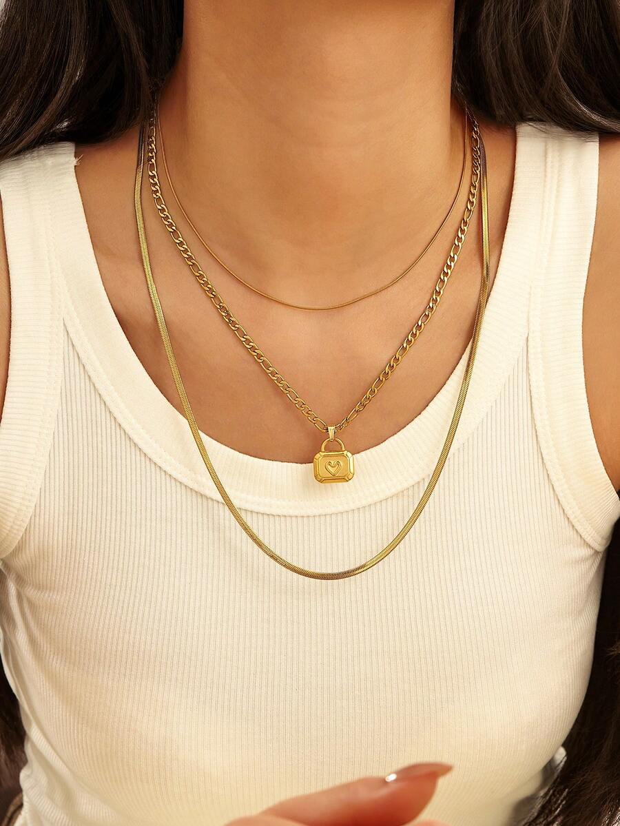 Bộ 3 dây chuyền mạ vàng 18K bằng thép không gỉ 304, dây chuyền ôm sát cổ, dây chuyền mắt xích với mặt dây chuyền hình trái tim. - Vàng - Xem 1