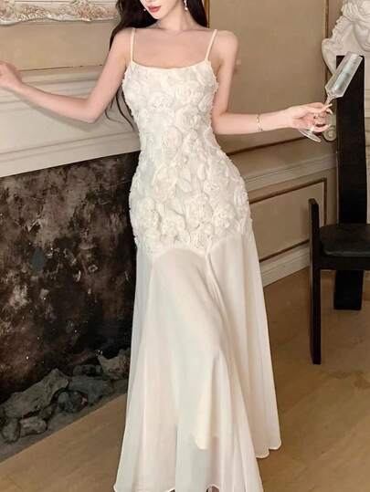 Women's Elegant Fashion French Style Mid-Length Party Dress, Mesh Patchwork Spaghetti Strap Sleeveless Casual Vacation Beach Slip Dress, Retro A-Line Off-Shoulder Birthday Wedding Guest Outfit, New Stylish Going Out Dress