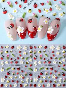 Set de 2 pegatinas de arte de uñas 5D estereoscópicas con abeja, mariquita, margarita, tulipán, hoja verde y enredadera, decoración de uñas DIY para primavera/verano - Multicolor - Ver 11