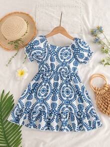 女童几何图案和热带植物印花方领花瓣袖鱼尾连衣裙 - 藍色 - 查看 2