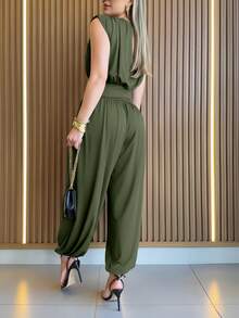 ChicMe Bộ jumpsuit không tay xếp ly xẻ tà dành cho nữ, trang phục hở lưng thanh lịch thường ngày. - xanh quân đội - Xem 3