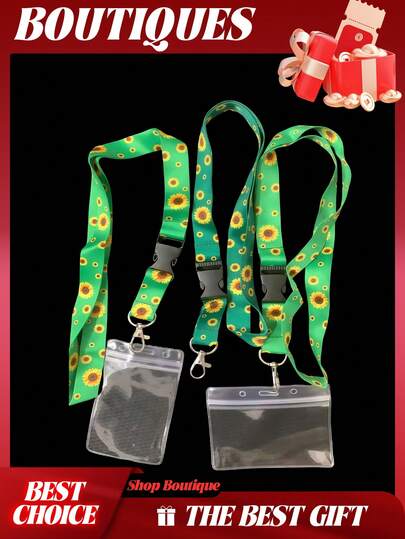 1pc Sunflower Print Lanyard With Photo/Card Holder + Card Holder, ID Card Holder, Student Stationery, Meal Card, Braided Cord, Metro Card Holder, Key Chain, Cartoon Phone Case, Metro/Bus Card Holder, Transparent Long Lanyard Pendant