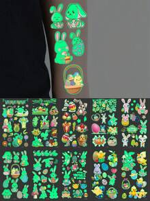 10张共120张图案夜光临时纹身贴纸，卡通复活节元素图案，可爱有趣的节日装饰，防水，可持续2-5天，是节日派对礼物的理想之选，可用于复活节彩蛋、兔子、小鸡等图案。 - 彩色 - 查看 4