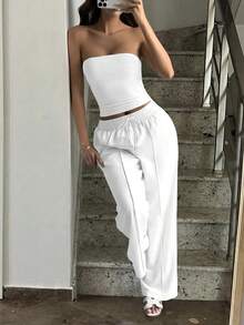 Vaiaye 两件套秋季套装，修身性感露肩短款上衣和弹力纯色修身瑜伽抹胸上衣，春夏裤装套装（白色） - 白色 - 查看 5