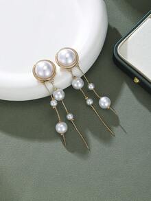 1对时尚优雅仿珍珠长流苏耳环，简约女性气质日常百搭派对度假个性耳环 - 耳環 - 查看 3