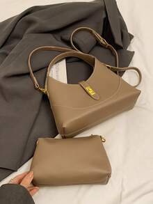 1pc Khaki Solid Color PU Handbag - Khaki - View 5