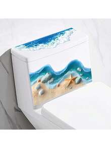 1pc Creative Seashell Beach Toilet Sticker, Ocean Wave & Seashell Design, Removable, Creates Relaxing Seaside Atmosphere In Bathroom, Toilet Lid Renewal Sticker Set, Creative Coastal Theme Sticker, Removable, Instantly Upgrades Old Or Stained Toilet Tank, Transforms Bathroom Into Beachside Scene, Easy Peel And Stick Toilet Sticker - Sea Waves and Shell Beach - View 4