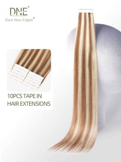 DNE HAIR 10 piezas de extensiones de cabello humano 100% con cinta, estilo liso, en tonos #P6/613 marrón claro con reflejos rubio platino, de 14 a 22 pulgadas de largo, sedosas, sin costuras, invisibles, de alta calidad, con puntas gruesas y saludables, para cabello fino, uso en salón y uso diario para mujeres/niñas