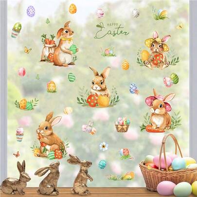 1 Set (4 piezas/5 piezas) Pegatinas para ventanas con temática de Pascua de primavera, incluye patrones florales, de mariposas, de conejos y de huevos, adecuado para decoración de dormitorio, sala de estar, hogar y escaparate