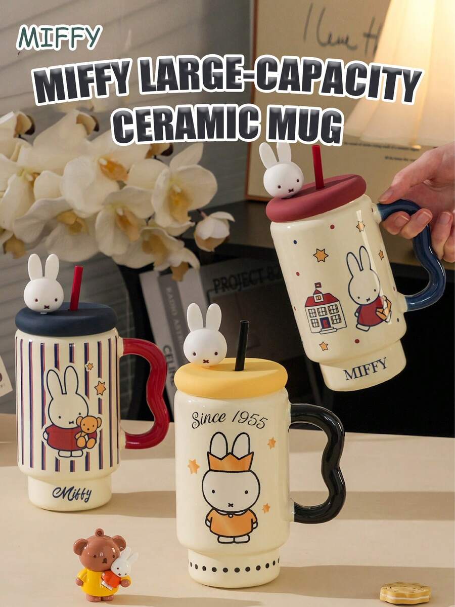 Taza de café de cerámica con tapa y pajita de Miffy de gran capacidad con licencia oficial - Adorable taza decorativa con forma de conejo de anime japonés 3D - Recipiente perfecto para bebidas calientes/frías en el hogar/oficina - Regalo ideal de cumpleaños/festividad para adolescentes, adultos y fans del anime