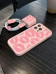 4-Piece Pink Lip Print Matte Soft TPU Phone Case And Charger Protector Set, Full Protection Anti-Drop, Compatible With IPhone 11 12 13 13 Pro Max 14 Pro Max, 15 15 Pro 15 Plus 15 Pro Max, 16 16 Pro 16 Plus 16 Pro Max, 17 Air - Multicolor - View 4