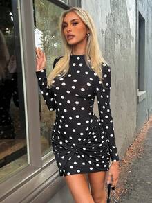 Casual Chic Black And White Polka Dot Backless Mini Dress - Twist Front Detail, Ideal For Spring Summer Outfit, Date Night, Vacation, Casual Going Out, Festival, Graduation Party - Black - View 2