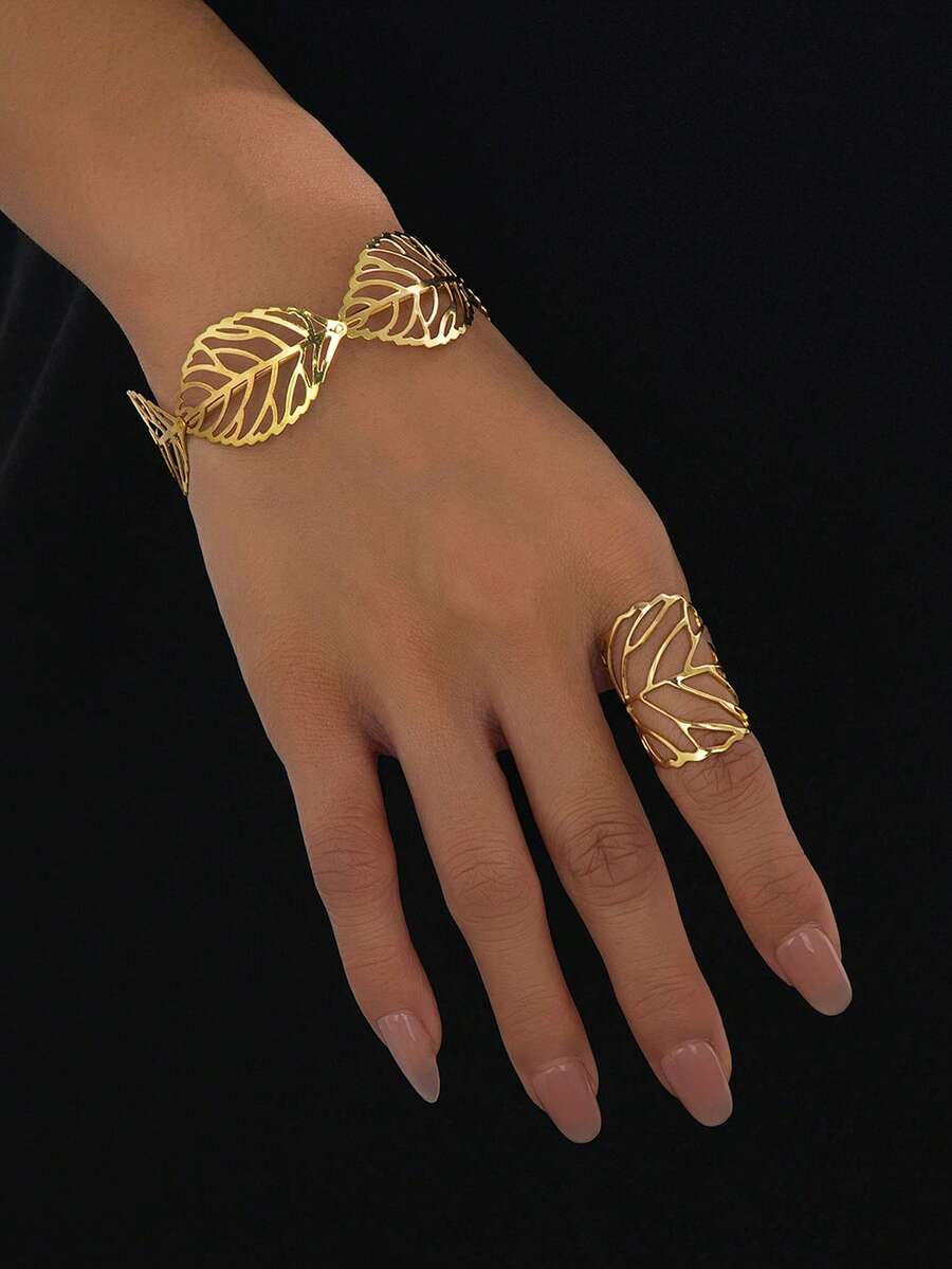Set de 2 piezas de joyas con brazalete y anillo de hoja hueca simple y creativa, con textura metálica, adecuado para uso diario - Juego de 2 piezas amarillo dorado - Ver 1