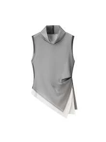 Blusa femenina elegante 2026 nueva colección occidental, top patchwork con diseño de doble capa - Gris - Ver 9