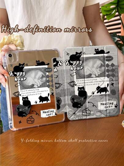 قطعة واحدة من غطاء واقي مطوي على شكل Y مزين بنمط قطة سوداء كرتونية وبنص، متوافق مع الجيل العاشر/الحادي عشر وطراز 11 بوصة برو (موديل 2025)، يدعم وظيفة الإيقاظ/السكون التلقائي، ويوفر دعم متعدد الزوايا. هذا الغطاء الواقي هو هدية مثالية لشهر رمضان وغير مغناطيسي.