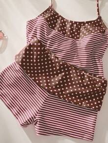 Women's Summer Beach Polka Dot & Striped Print Halter Tankini Swimwear Set Vacation - Reddish-brown - View 10