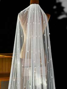 1pc Long Trailing Pearl Bridal Veil, Shiny French Elegant Soft Sheer Veil, Suitable For Cathedral Wedding - Multicolor - View 7