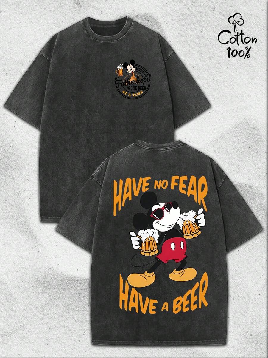 (230 Grams Of Pure Cotton Washed Fabric)Disney Mickey Mouse Beer Theme Pirate Theme Printed T-Shirt. Retro Washed Street Fashion Casual T-Shirt,100 Percent Cotton.Retro Washed T-Shirt , Men's T-Shirt, Men's Casual, Comfortable, Fashionable T-Shirt, Street Style Cotton - Black - View 1