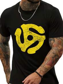 Men's Retro Record Player Graphic Tee - Cotton Casual Crew Neck Short Sleeve T-Shirt, Yellow With Distressed Design, Machine Washable, Perfect For Casual Attire & Back To School - Black - View 2