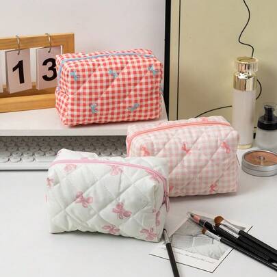 Lady Cosmetic Bags Bow Quilting Cotton Makeup Bag Women Zipper Cosmetic Organizer Portable Toiletry Handbag