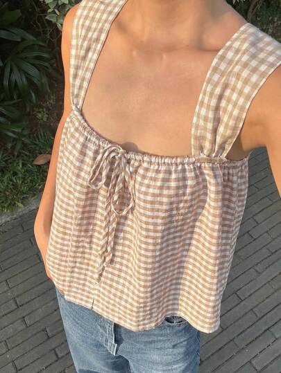Standard Size Women's Spring/Summer Square Neck Camisole Ruched Gingham Ruffle Hem Casual Vacation Cropped Shirt